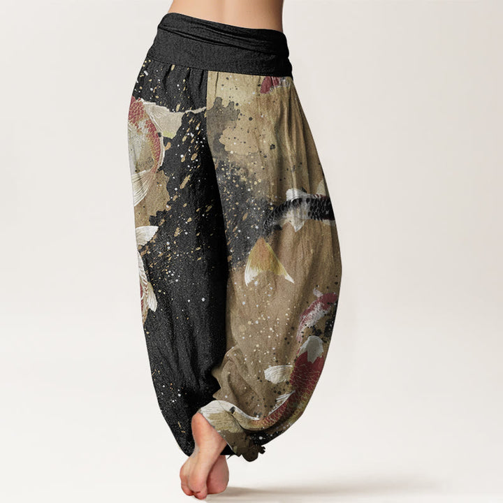 Buddha Stones Damen-Haremshose aus reiner Baumwolle mit Koi-Fisch-Goldtinten-Hintergrundmuster und elastischer Taille