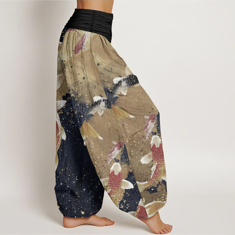 Buddha Stones Damen-Haremshose aus reiner Baumwolle mit Koi-Fisch-Goldtinten-Hintergrundmuster und elastischer Taille