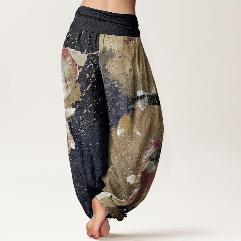Buddha Stones Damen-Haremshose aus reiner Baumwolle mit Koi-Fisch-Goldtinten-Hintergrundmuster und elastischer Taille