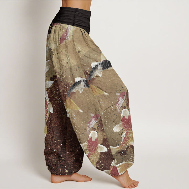 Buddha Stones Damen-Haremshose aus reiner Baumwolle mit Koi-Fisch-Goldtinten-Hintergrundmuster und elastischer Taille