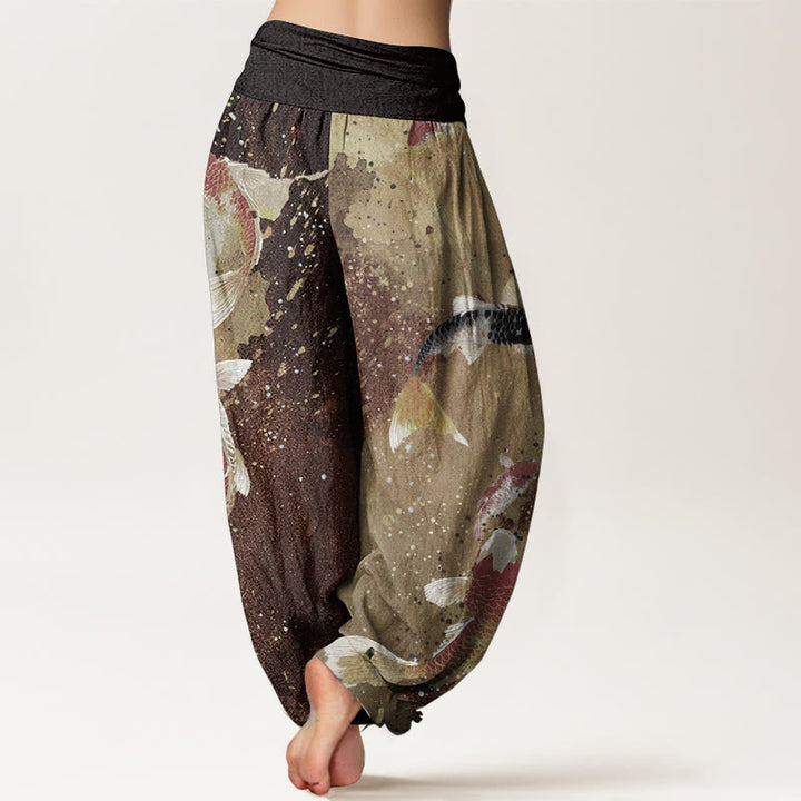 Buddha Stones Damen-Haremshose aus reiner Baumwolle mit Koi-Fisch-Goldtinten-Hintergrundmuster und elastischer Taille
