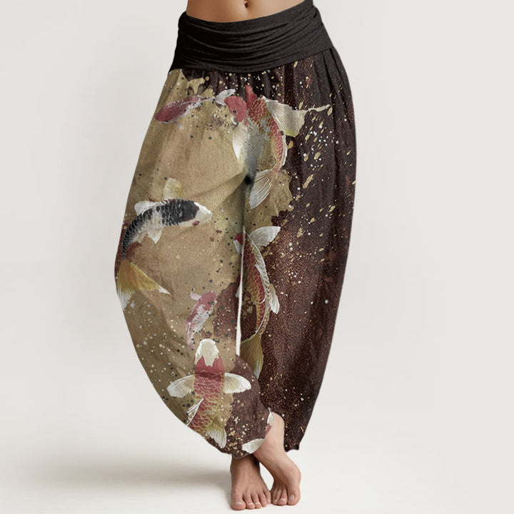 Buddha Stones Damen-Haremshose aus reiner Baumwolle mit Koi-Fisch-Goldtinten-Hintergrundmuster und elastischer Taille
