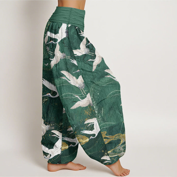 Haremshose für Damen mit elastischer Taille und Buddha Stones aus reiner Baumwolle mit fliegenden weißen Kranichen und glückverheißenden Wolken - image 3