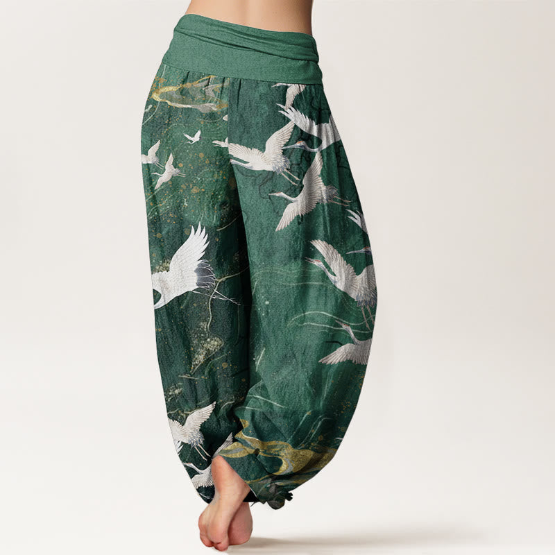 Haremshose für Damen mit elastischer Taille und Buddha Stones aus reiner Baumwolle mit fliegenden weißen Kranichen und glückverheißenden Wolken - image 2