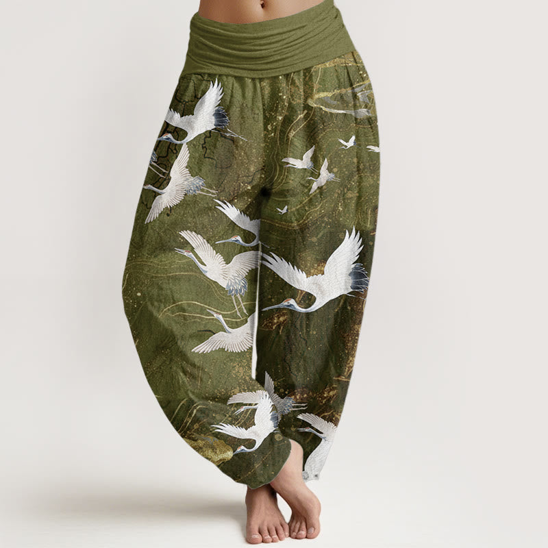 Haremshose für Damen mit elastischer Taille und Buddha Stones aus reiner Baumwolle mit fliegenden weißen Kranichen und glückverheißenden Wolken - Gelbgrün - US22, UK/AU26, EU54 (6XL) - image 9