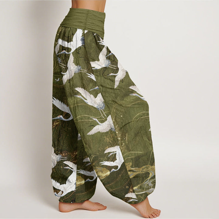 Haremshose für Damen mit elastischer Taille und Buddha Stones aus reiner Baumwolle mit fliegenden weißen Kranichen und glückverheißenden Wolken - image 11