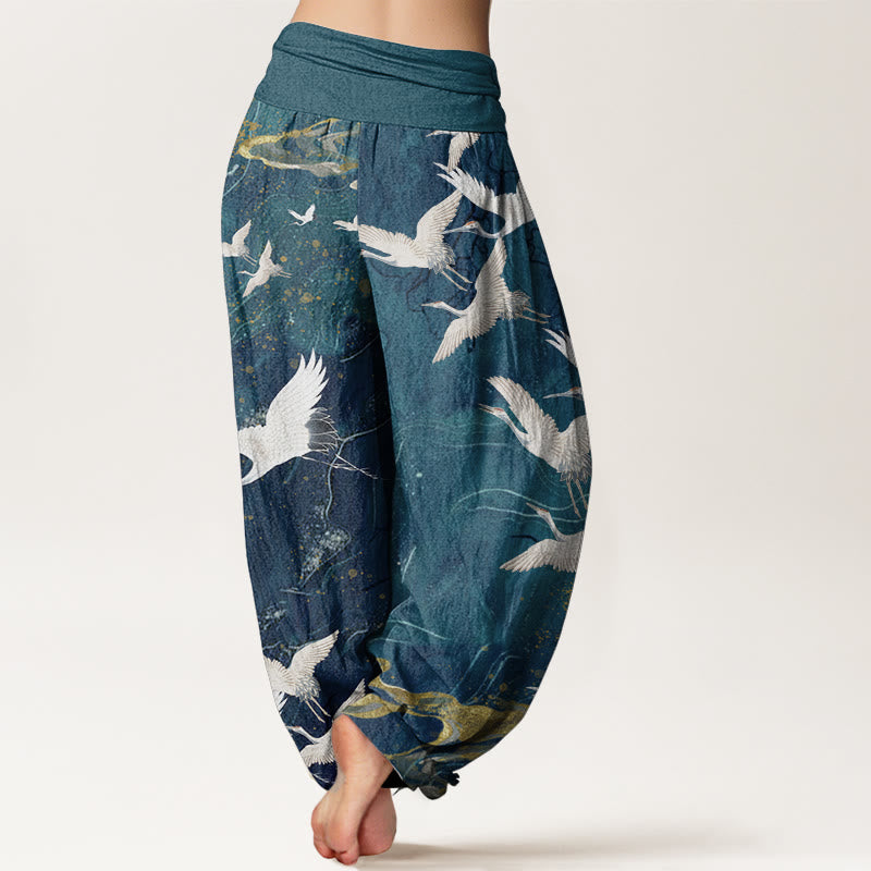 Haremshose für Damen mit elastischer Taille und Buddha Stones aus reiner Baumwolle mit fliegenden weißen Kranichen und glückverheißenden Wolken - image 7