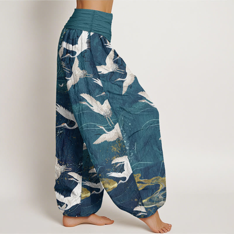 Haremshose für Damen mit elastischer Taille und Buddha Stones aus reiner Baumwolle mit fliegenden weißen Kranichen und glückverheißenden Wolken - image 8