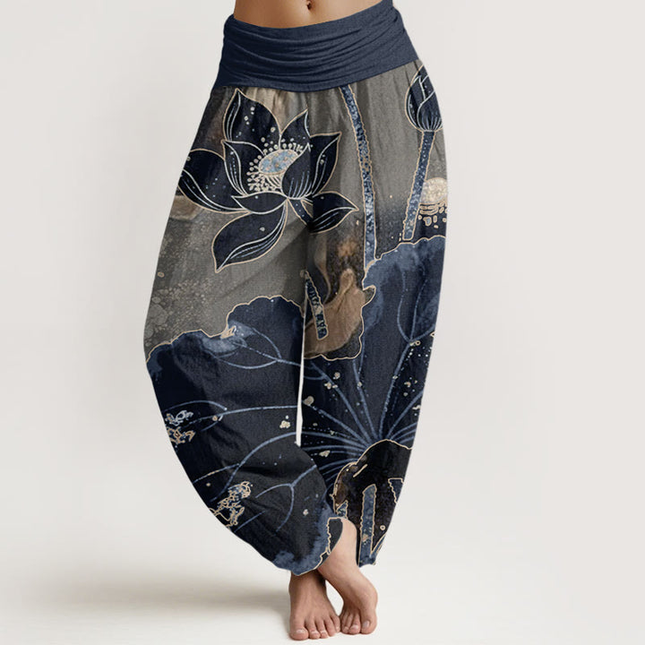 Buddha Stones Damen-Haremshose aus reiner Baumwolle mit Lotusblütenmuster und elastischer Taille