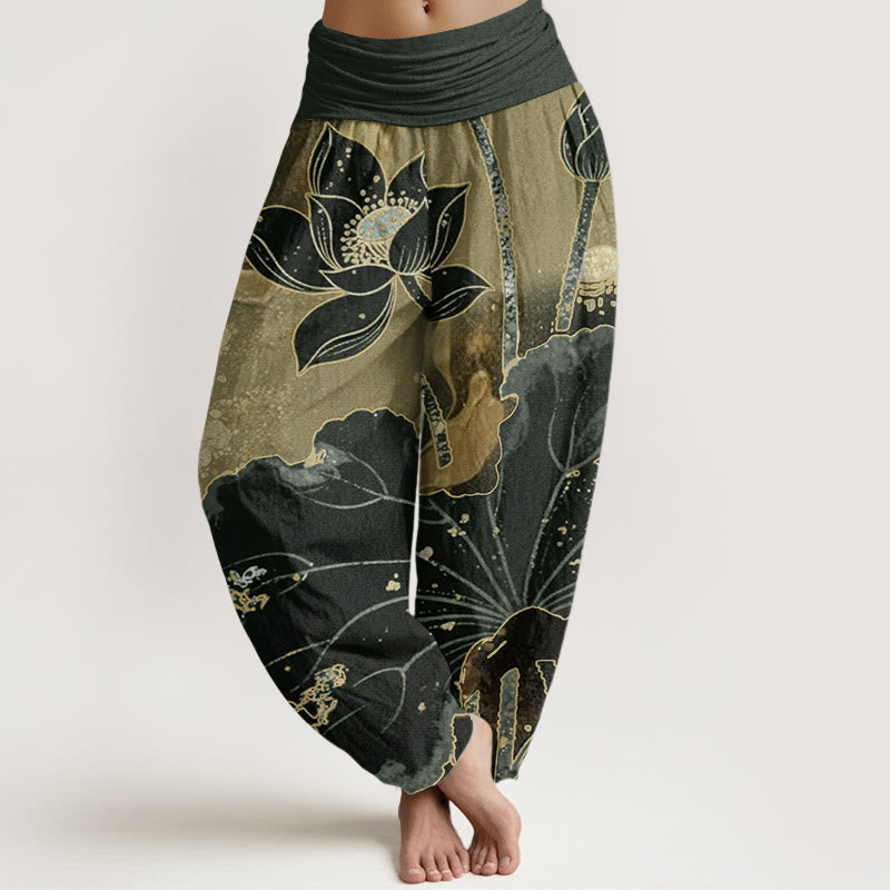 Buddha Stones Damen-Haremshose aus reiner Baumwolle mit Lotusblütenmuster und elastischer Taille