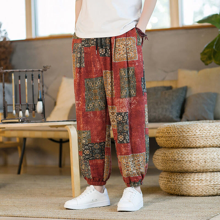 Buddha Stones Sommer-Haremshose aus Baumwolle und Leinen mit Patchwork-Muster, knöchellang, mit Taschen - Rot - US/ UK/AU46,EU56 (5XL) - image 10