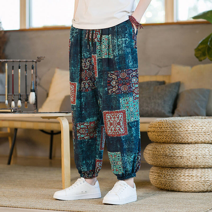 Buddha Stones Sommer-Haremshose aus Baumwolle und Leinen mit Patchwork-Muster, knöchellang, mit Taschen - Stahlblau - US/ UK/AU46,EU56 (5XL) - image 32