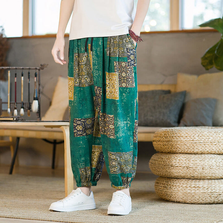 Buddha Stones Sommer-Haremshose aus Baumwolle und Leinen mit Patchwork-Muster, knöchellang, mit Taschen - Mittelaquamarin - US/ UK/AU46, EU56 (5XL) - image 18
