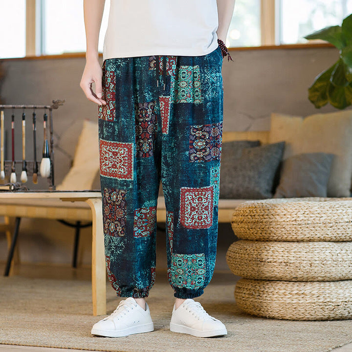 Buddha Stones Sommerliche quadratische Patchwork-Herren-Haremshose in Knöchellänge mit Taschen - image 32