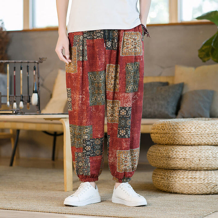 Buddha Stones Sommerliche quadratische Patchwork-Herren-Haremshose in Knöchellänge mit Taschen - image 10