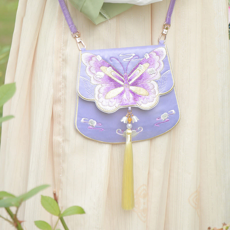 Buddha Stones Luck Stickerei Lotus Koi Fisch Kaninchen Blume Hanfu Tasche Umhängetasche Umhängetasche - Lila Schmetterling - image 23