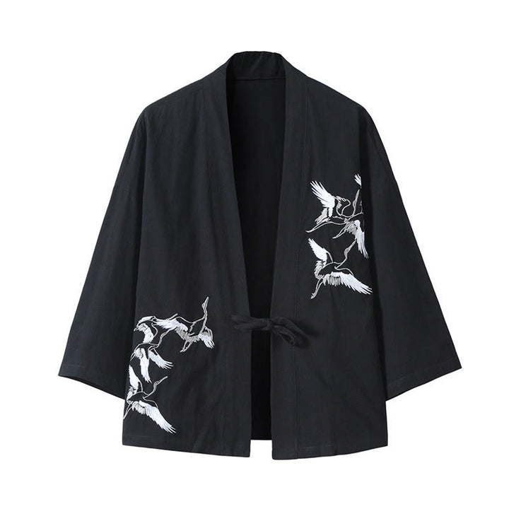 Buddha Stones -Stickerei, fliegende weiße Kraniche, Baumwolle, Leinen, offene Vorderseite, Herren-Kimono - Schwarz - US/ UK/AU46，EU56 (5XL) - image 13