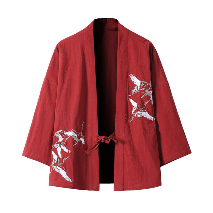Buddha Stones -Stickerei, fliegende weiße Kraniche, Baumwolle, Leinen, offene Vorderseite, Herren-Kimono - Rot - US/UK/AU46, EU56 (5XL) - image 2