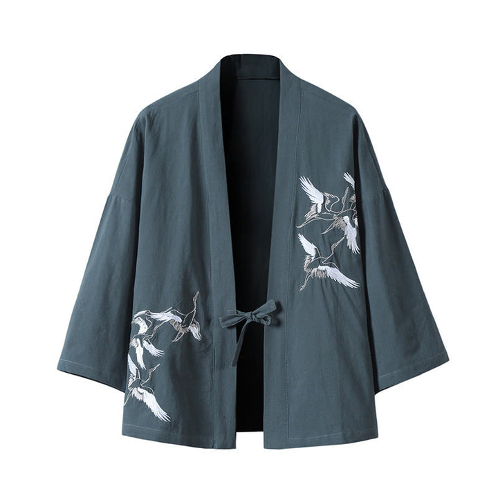 Buddha Stones -Stickerei, fliegende weiße Kraniche, Baumwolle, Leinen, offene Vorderseite, Herren-Kimono - Kadettenblau - US/UK/AU46, EU56 (5XL) - image 0