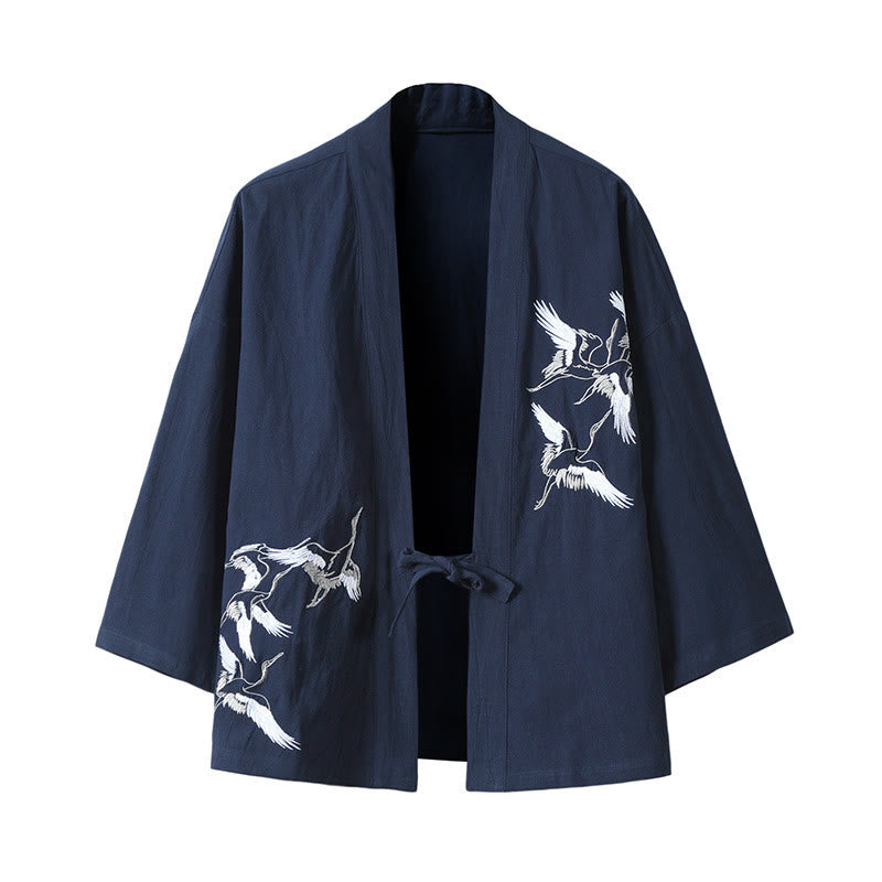 Buddha Stones -Stickerei, fliegende weiße Kraniche, Baumwolle, Leinen, offene Vorderseite, Herren-Kimono - Stahlblau - US/ UK/AU46，EU56 (5XL) - image 15