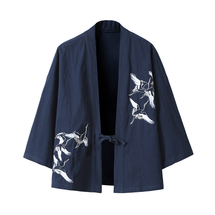 Buddha Stones -Stickerei, fliegende weiße Kraniche, Baumwolle, Leinen, offene Vorderseite, Herren-Kimono - Stahlblau - US/ UK/AU46，EU56 (5XL) - image 15