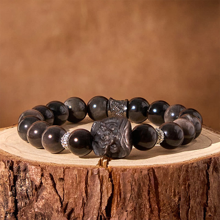 Buddha Stones Schutzarmband mit natürlichem Silberglanz-Obsidian und Löwentanz