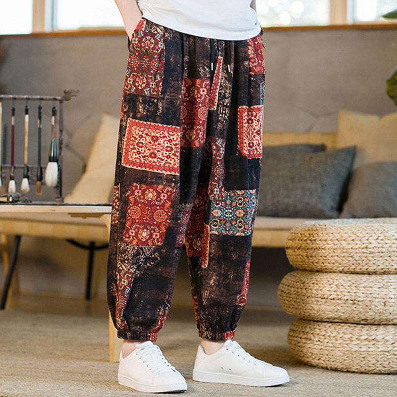 Buddha Stones Sommer-Haremshose aus Baumwolle und Leinen mit Patchwork-Muster, knöchellang, mit Taschen - image 4