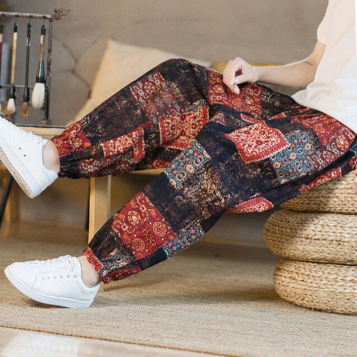 Buddha Stones Sommerliche quadratische Patchwork-Herren-Haremshose in Knöchellänge mit Taschen - image 6