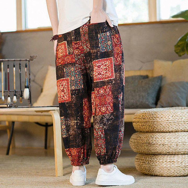 Buddha Stones Sommer-Haremshose aus Baumwolle und Leinen mit Patchwork-Muster, knöchellang, mit Taschen - image 3