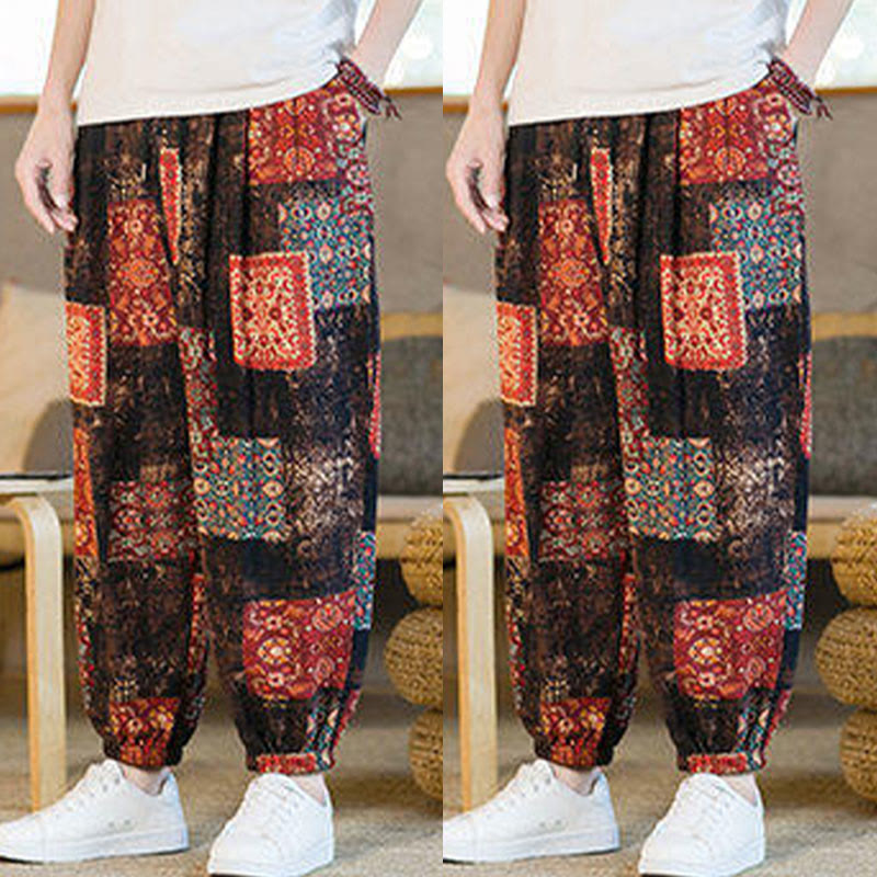 Buddha Stones Sommer-Haremshose aus Baumwolle und Leinen mit Patchwork-Muster, knöchellang, mit Taschen - image 8