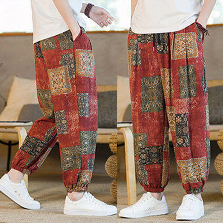 Buddha Stones Sommerliche quadratische Patchwork-Herren-Haremshose in Knöchellänge mit Taschen - image 17