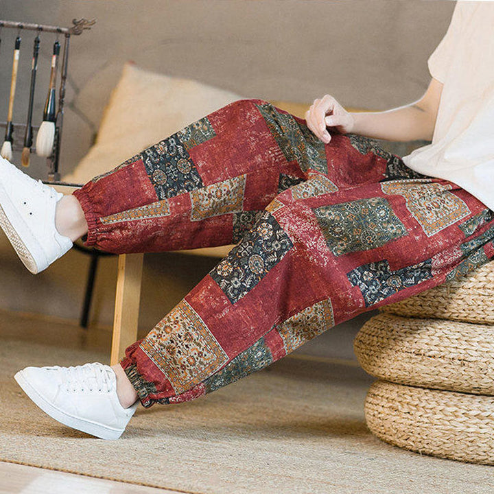 Buddha Stones Sommer-Haremshose aus Baumwolle und Leinen mit Patchwork-Muster, knöchellang, mit Taschen - image 16