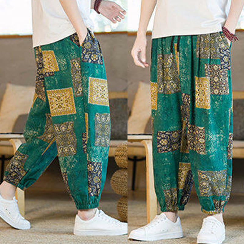 Buddha Stones Sommerliche quadratische Patchwork-Herren-Haremshose in Knöchellänge mit Taschen - image 30