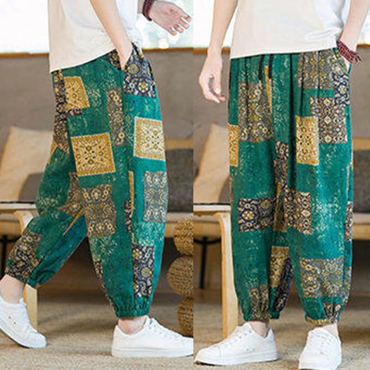 Buddha Stones Sommerliche quadratische Patchwork-Herren-Haremshose in Knöchellänge mit Taschen - image 30