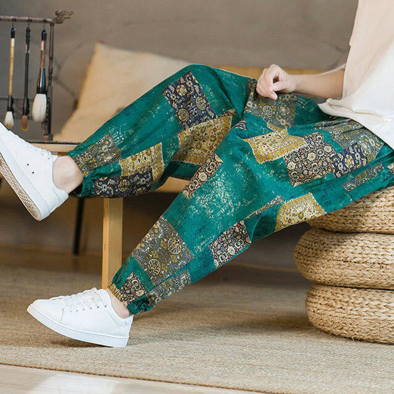 Buddha Stones Sommerliche quadratische Patchwork-Herren-Haremshose in Knöchellänge mit Taschen - image 29