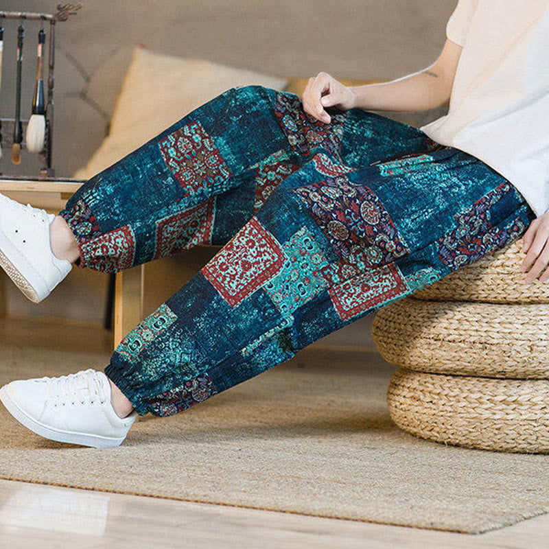 Buddha Stones Sommerliche quadratische Patchwork-Herren-Haremshose in Knöchellänge mit Taschen - image 39
