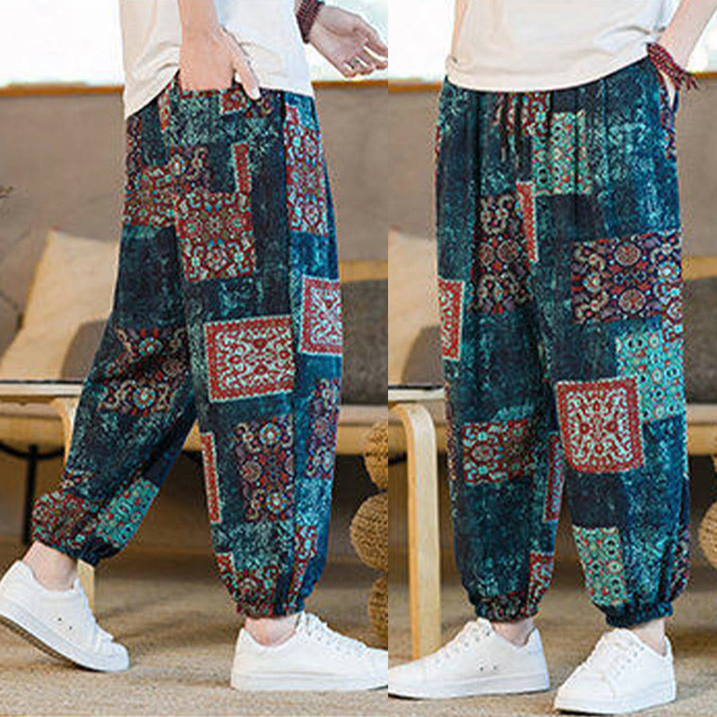 Buddha Stones Sommerliche quadratische Patchwork-Herren-Haremshose in Knöchellänge mit Taschen - image 38
