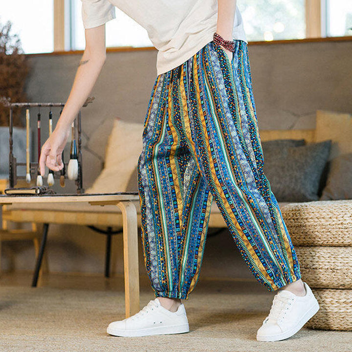 Buddha Stones Bunte Streifen Baumwolle Leinen Herren Knöchellange Haremshose mit Taschen - image 6