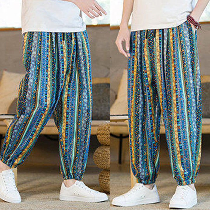 Buddha Stones Bunte Streifen Baumwolle Leinen Herren Knöchellange Haremshose mit Taschen - image 9
