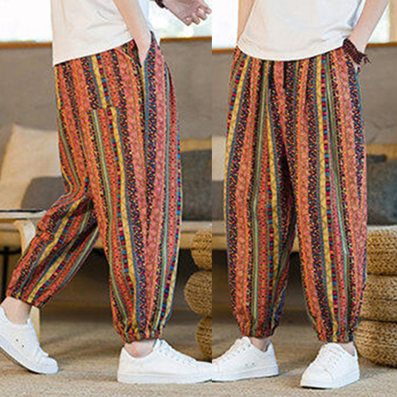 Buddha Stones Bunte Streifen Baumwolle Leinen Herren Knöchellange Haremshose mit Taschen - image 17