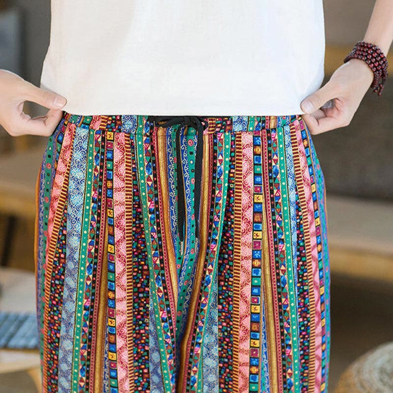 Buddha Stones Bunte Streifen Baumwolle Leinen Herren Knöchellange Haremshose mit Taschen - image 28