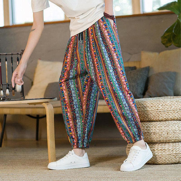 Buddha Stones Bunte Streifen Baumwolle Leinen Herren Knöchellange Haremshose mit Taschen - image 24