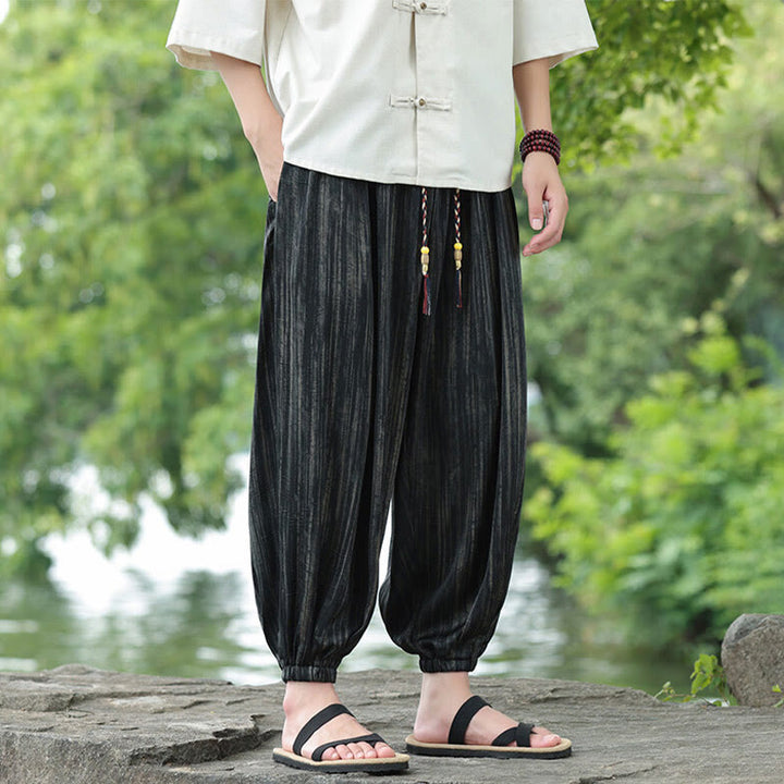 Buddha Stones Sommer Schwarze Streifen Kordelzug Herren Haremshose mit Taschen - image 2