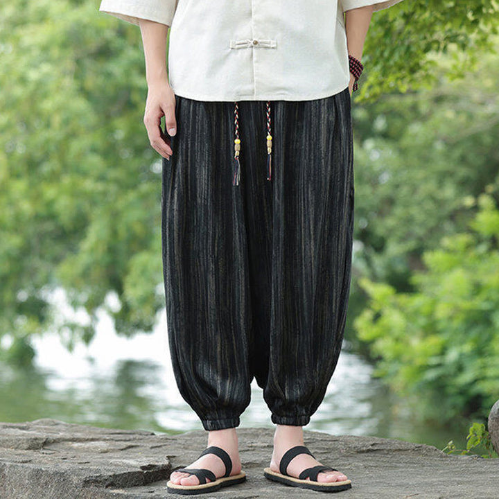 Buddha Stones Sommer Schwarze Streifen Kordelzug Herren Haremshose mit Taschen - image 1