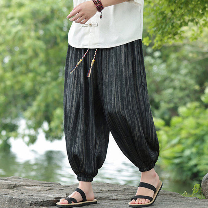 Buddha Stones Sommer Schwarze Streifen Kordelzug Herren Haremshose mit Taschen - Schwarz - US/ UK/AU46, EU56 (5XL) - image 0