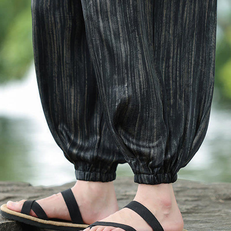 Buddha Stones Sommer Schwarze Streifen Kordelzug Herren Haremshose mit Taschen - image 13