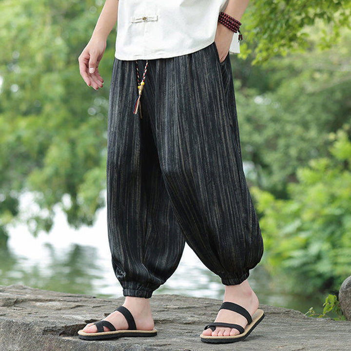 Buddha Stones Sommer Schwarze Streifen Kordelzug Herren Haremshose mit Taschen - image 8