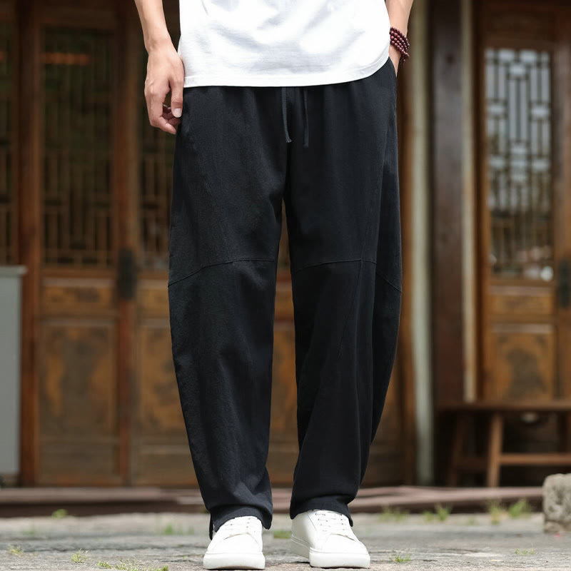 Buddha Stones Solide Kordelzug Herrenhose aus Baumwollleinen mit elastischem Bund und Taschen - Schwarz - US/ UK/AU46，EU56 (5XL) - image 10