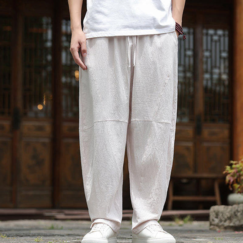 Buddha Stones Solide Kordelzug Herrenhose aus Baumwollleinen mit elastischem Bund und Taschen - image 1