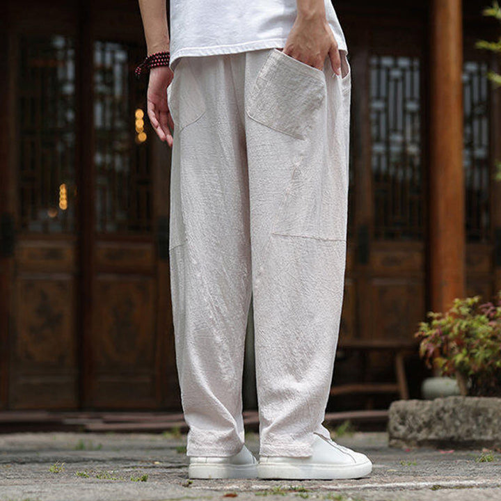 Buddha Stones Solide Kordelzug Herrenhose aus Baumwollleinen mit elastischem Bund und Taschen - image 5